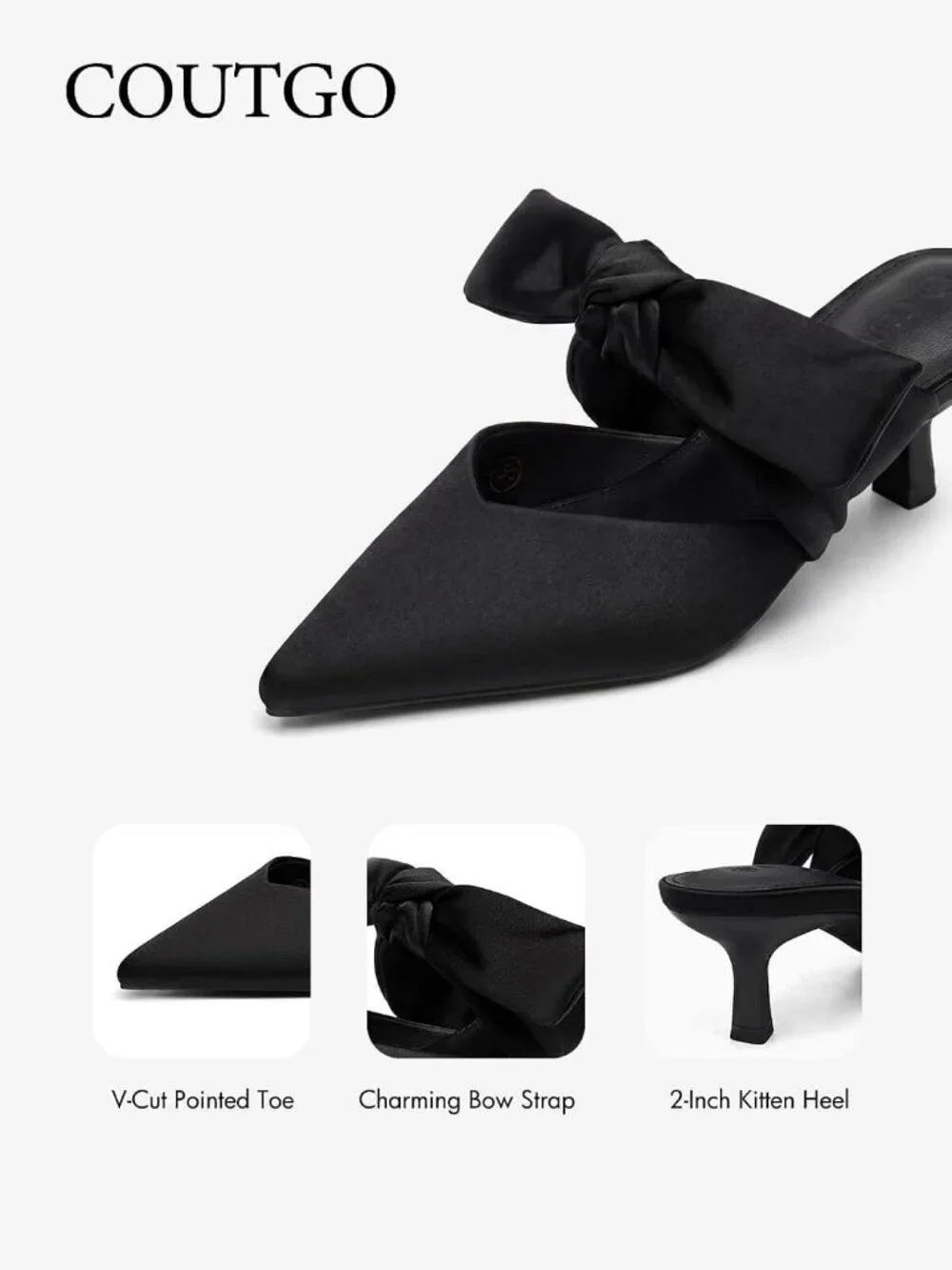 Women's Black Rubber Satin Bow Strap Kitten Heels Pointed Toe Slip On Mule Pumps